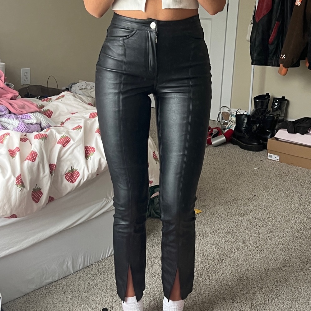skinny leather pants with split hem